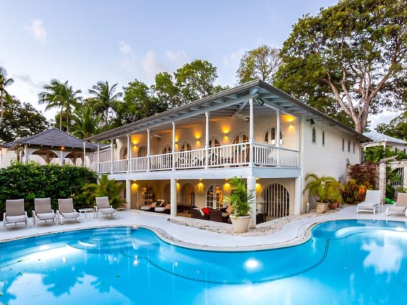 Pool and exterior of six bedroom beachfront villa Lanfall, Sandy Lane Beach