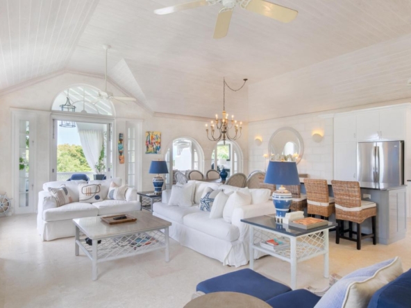 the living room in white and blue of villa for rent in Barbados, Forest Hills 25