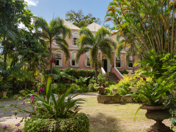 Lancaster Great House entrance view with tropical gardens