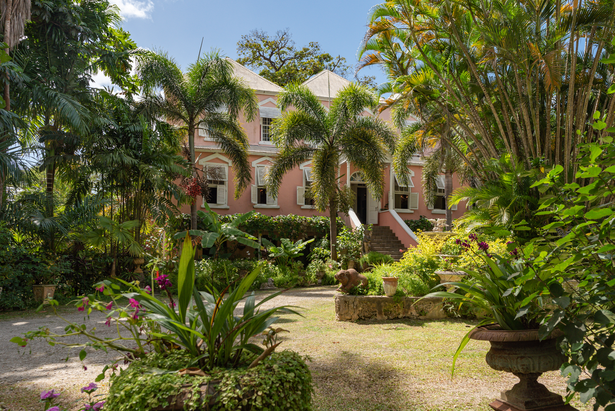 Lancaster Great House entrance view with tropical gardens