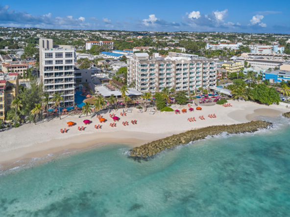 Captivating aerial view of O2 Beach Club & Spa, highlighting the luxurious beachfront setting of Apartment No. 505 in Barbados.