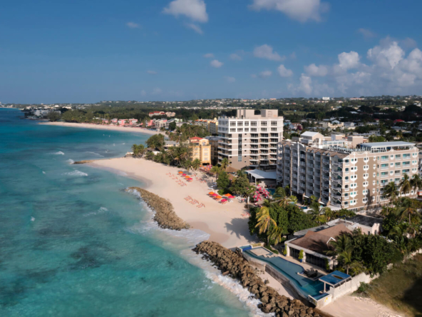 Captivating aerial view of O2 Beach Club & Spa, highlighting the luxurious beachfront setting of Apartment No. 505 in Barbados.