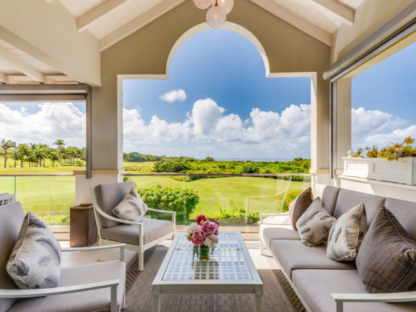 Golf course views from patio of modern townhouse Sugar Cane Mews for sale at Royal Westmoreland Golf Resort, Barbados