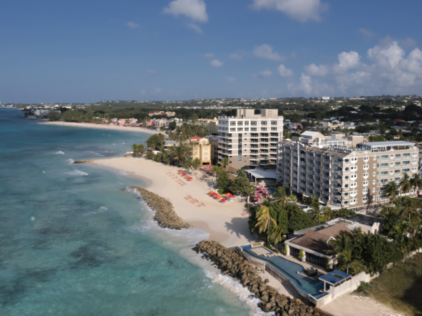 Captivating aerial view of O2 Beach Club & Spa, highlighting the luxurious beachfront setting of Apartment No. 509 in Barbados.