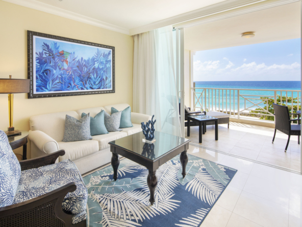 Spacious and chic living area inside Apartment No. 505 at O2 Beach Club & Spa, blending comfort and luxury in Barbados.