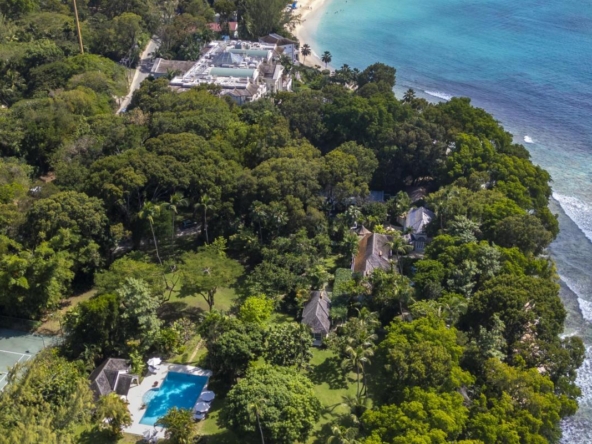 Ariel shot of beachfront luxury at Heronetta, a stunning five-bedroom villa located directly on Sandy Lane Beach, Barbados.