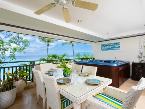 Balcony with hot tub and sea view at luxury beachfront condo, Life's a Beach at Coral Cove, Barbados