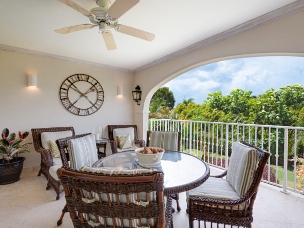 Balcony with blue sky view at one-bedroom apartment in Barbados.