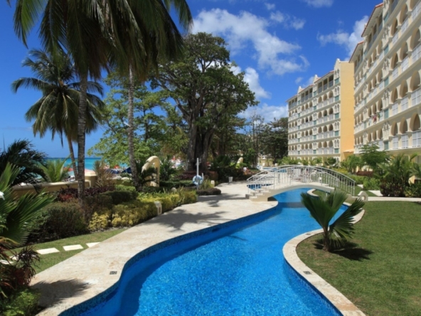 View of pool and beach at Sapphire Beach in St. Lawrence Gap, Barbados