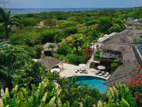 ariel view of pool and sea view at