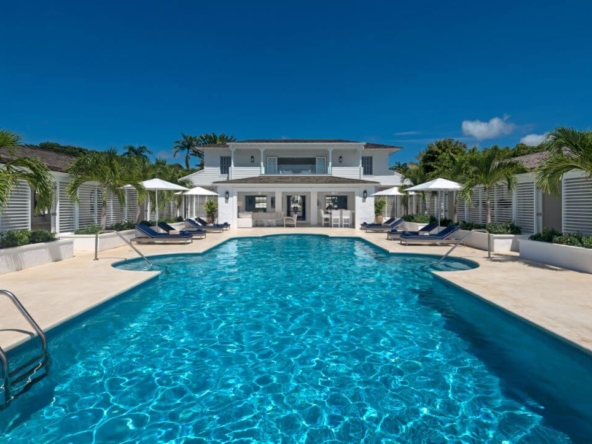 Pool and exterior of white private Caribbean luxury villa, Sea Breeze, Barbados