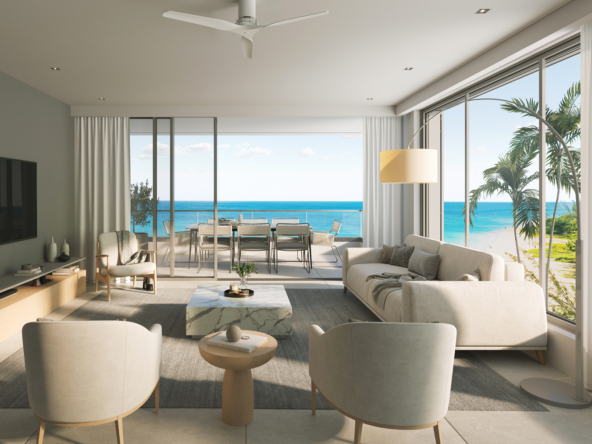 Oceanfront condo living room area in cream in Brighton.